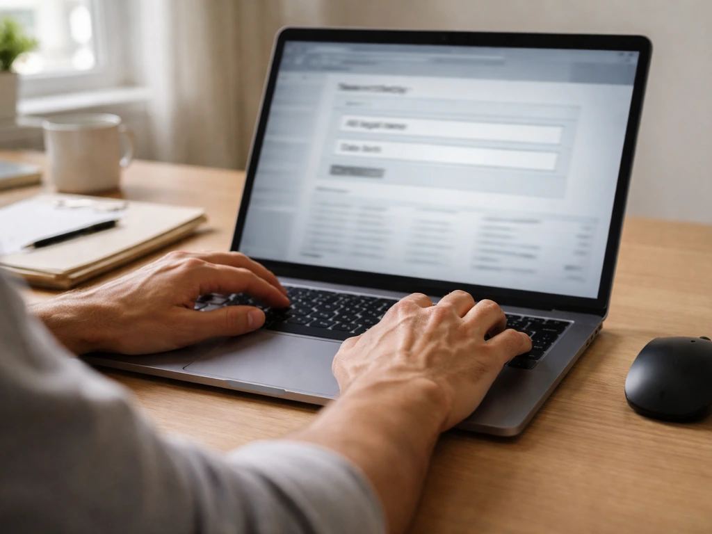 Person using a laptop to compare legal name variants and date of birth details on Companies House records