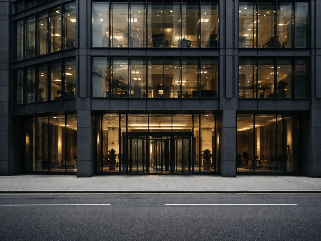 London corporate office exterior with glass façade, suggesting business wealth behind a net worth estimate.