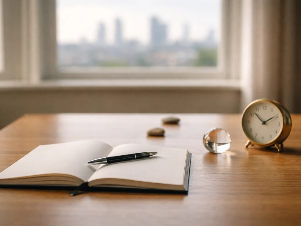 Minimal office desk with notebook, pen, glass paperweight, and clock suggesting financial milestones over time.