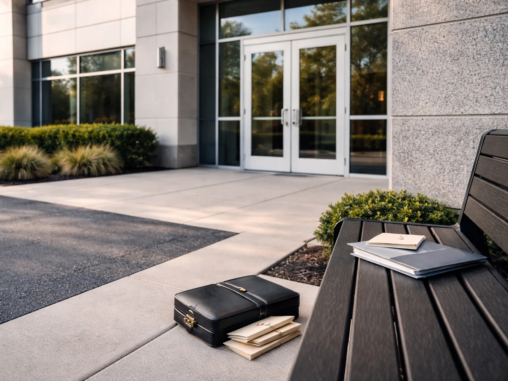 Modern office exterior with subtle business branding cues and a calm corporate atmosphere