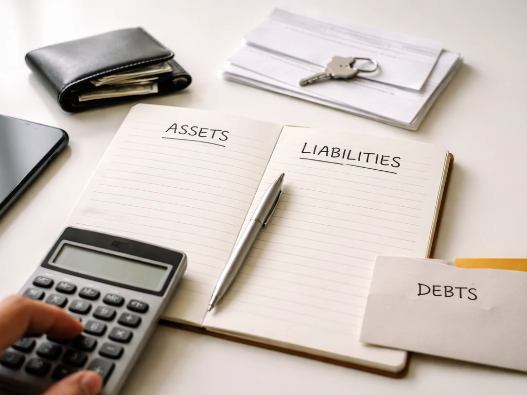 A neat desk with money, an open calculator, and a simple ledger showing asset and liability categories