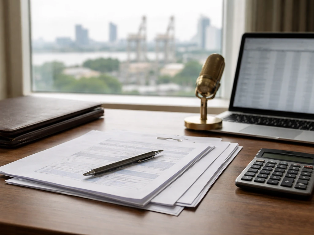 Minimal desk scene with documents, portfolio, microphone, and blurred laptop suggesting finance verification.