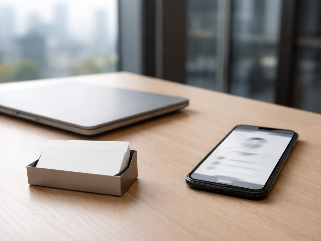 Minimal desk scene with blurred phone profile screen and business cards for identity verification.