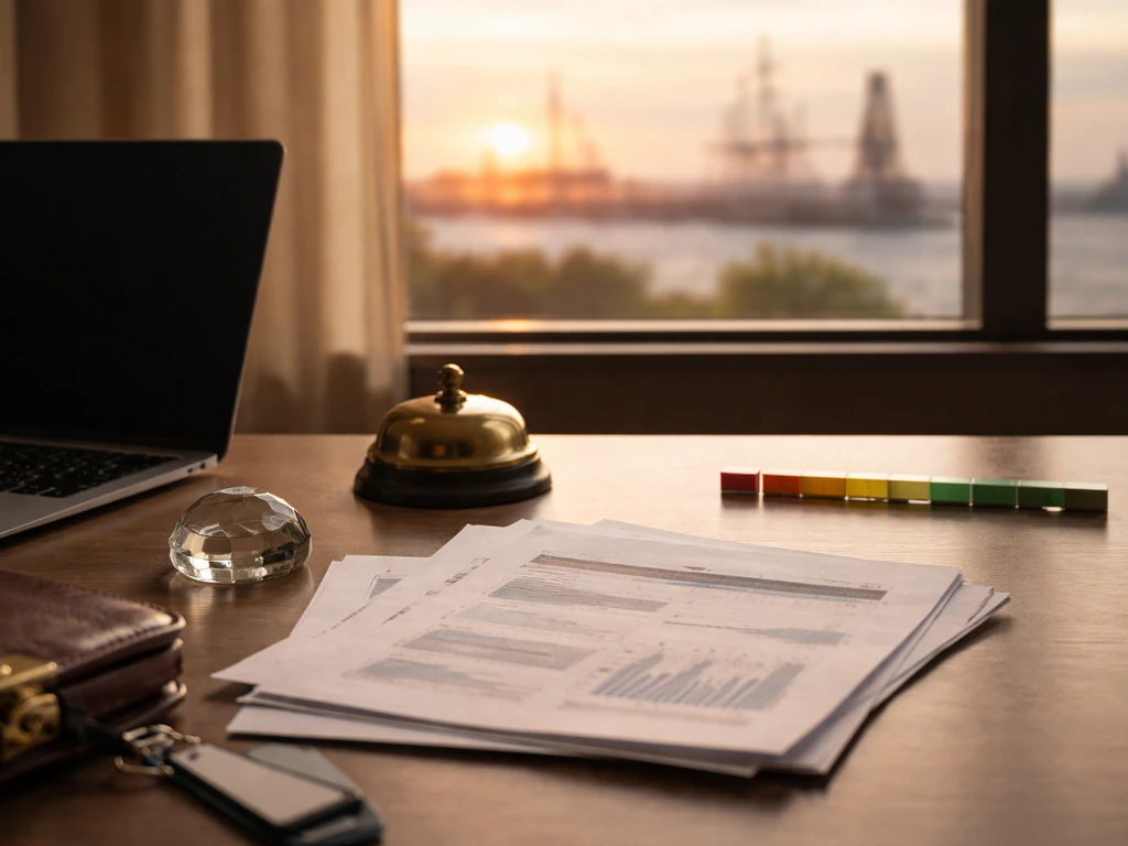 Minimal finance desk scene with blurred reports, dusk industrial backdrop, and a subtle range-style meter.