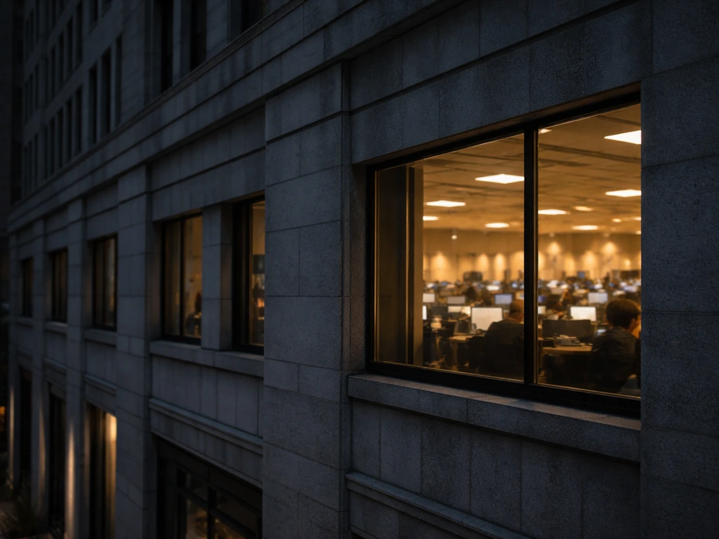 Morgan Stanley-era commodities trading vibe: Wall Street office exterior with a quiet trading-floor blur at dusk.