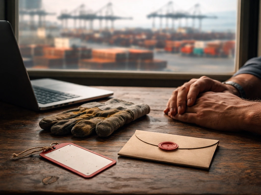 Minimal photo of an anonymous trader’s desk with a port skyline and a subtle startup co-founding vibe