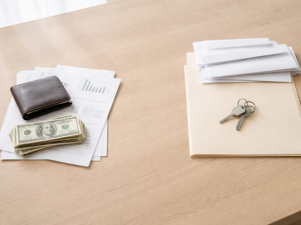 Minimal desk scene showing separate piles symbolizing assets and liabilities with cash and keys/loan documents