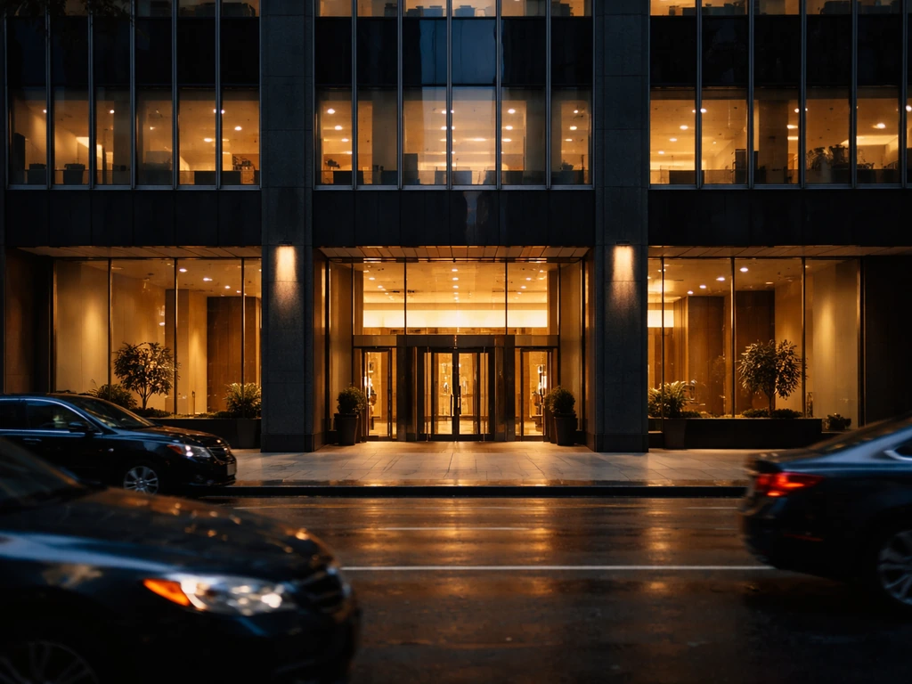Quiet New York finance office exterior with tall windows and warm light, symbolizing wealth and career drivers.