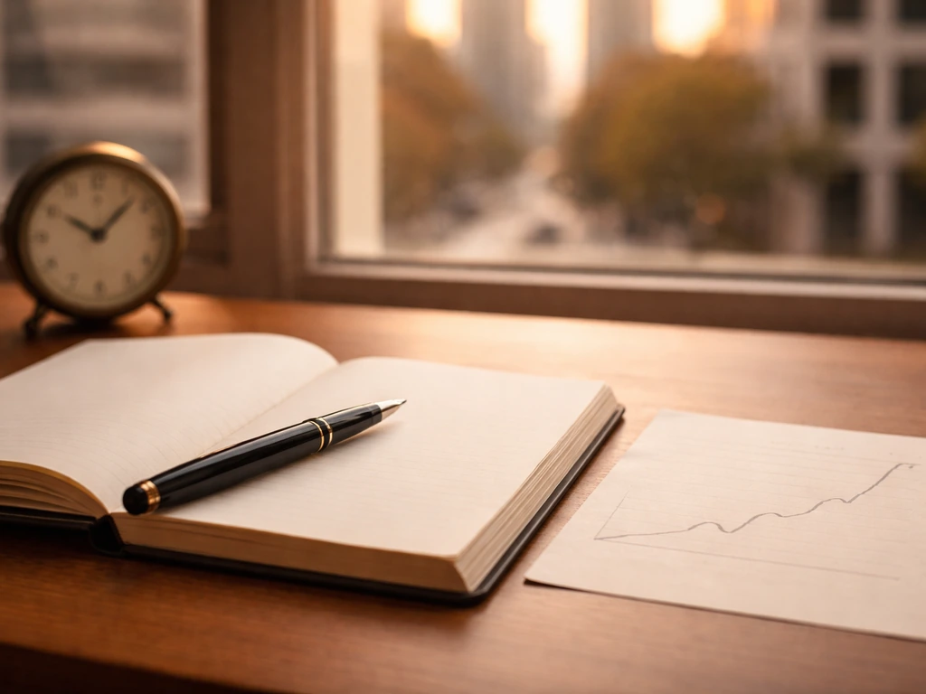 Notebook, pen, and an analog clock on a desk with a faint growth-and-dip curve on paper.