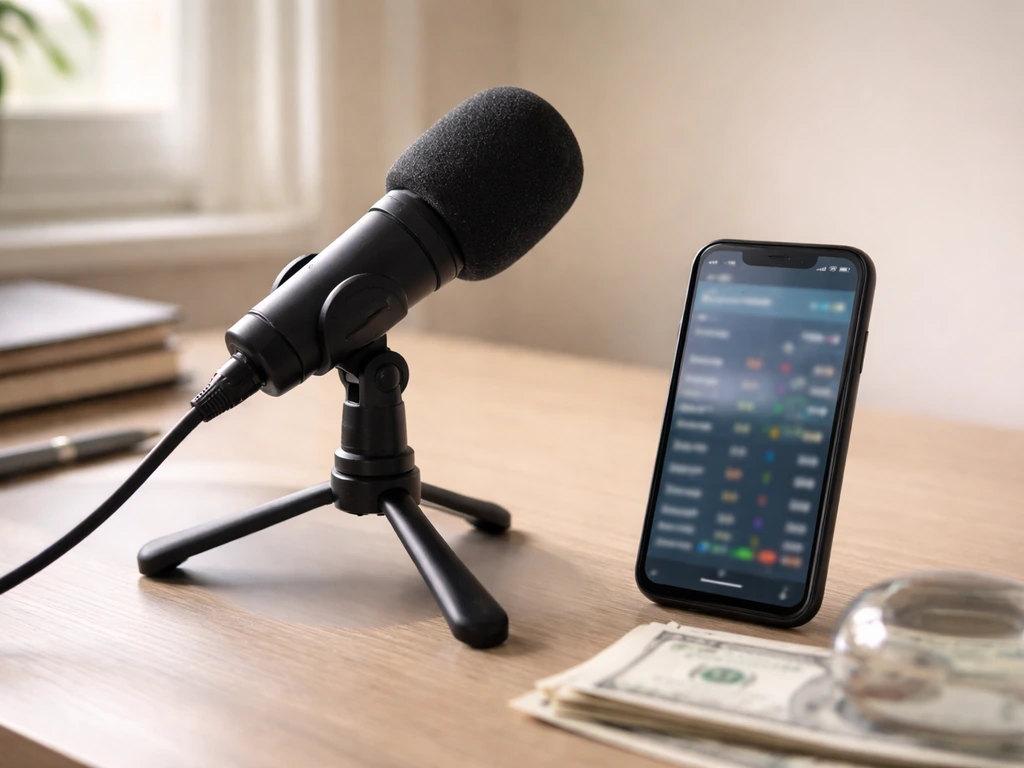 Microphone on a desk with a phone and cash-like props, symbolizing net worth research context.
