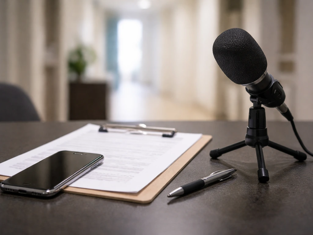 Studio microphone and phone on a desk with blank paperwork, suggesting reality TV media without showing any person.
