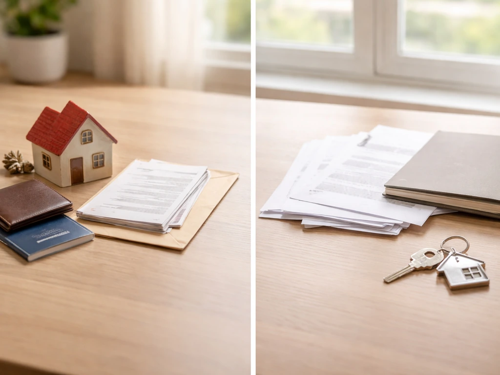 Minimal desk scene with house and investment items on one side, loan documents on the other, symbolizing assets vs liabi