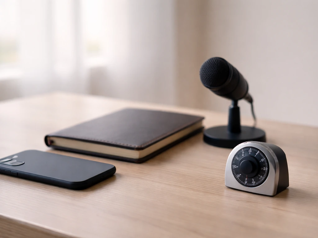 Minimal office desk scene with a closed notebook, smartphone, and timestamp-like camera dial for credibility checks