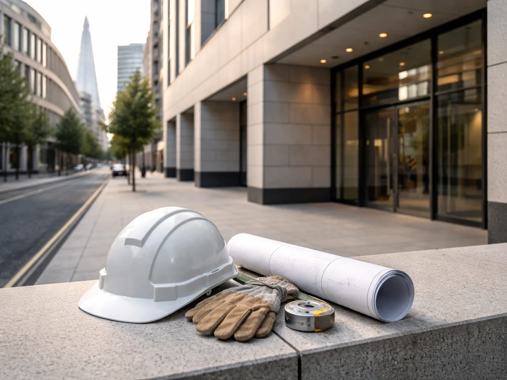 Quiet London office exterior with construction-style materials suggesting the Mace Group context