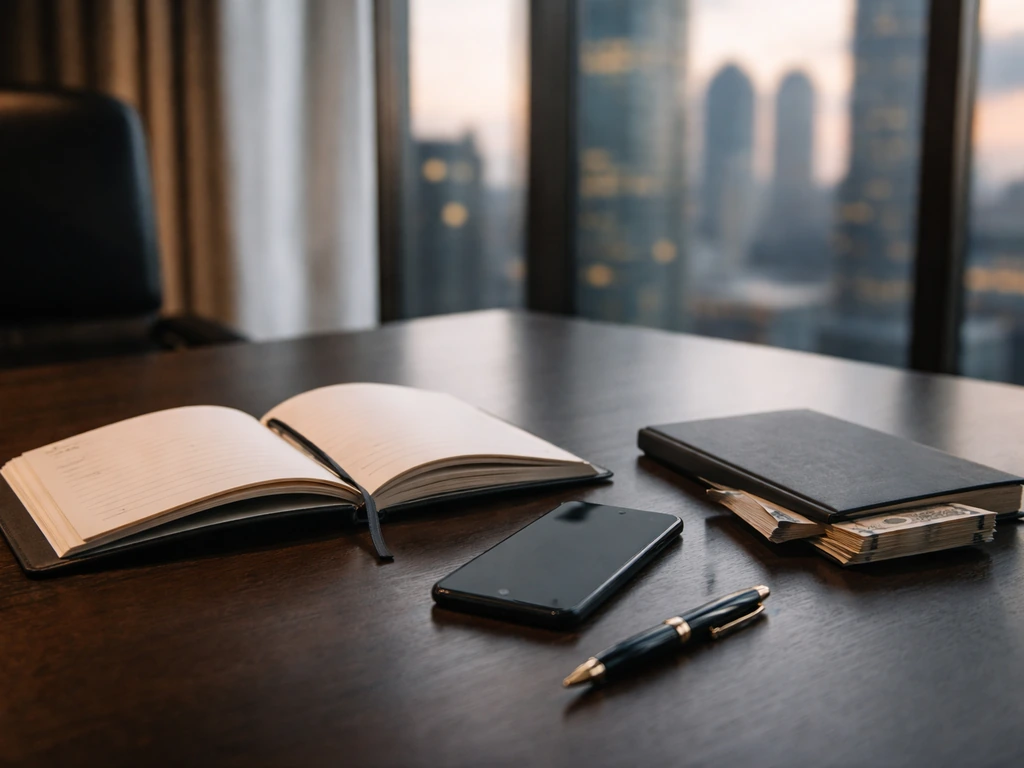 Executive desk with pen and planner beside banknotes, blurred city view through office window.