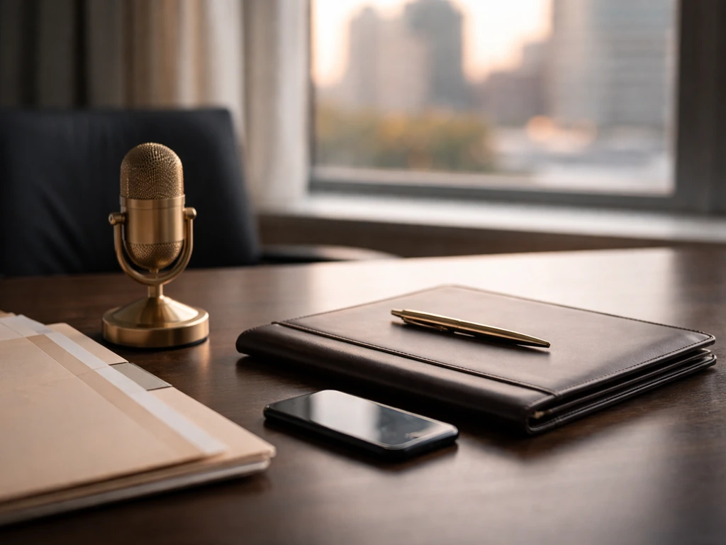 Minimal office desk setup with microphone and portfolio, symbolizing a career progression to leadership.