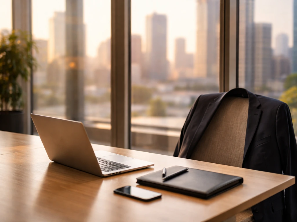 Minimal retail executive office scene with suit jacket, laptop, and smartphone by large windows.