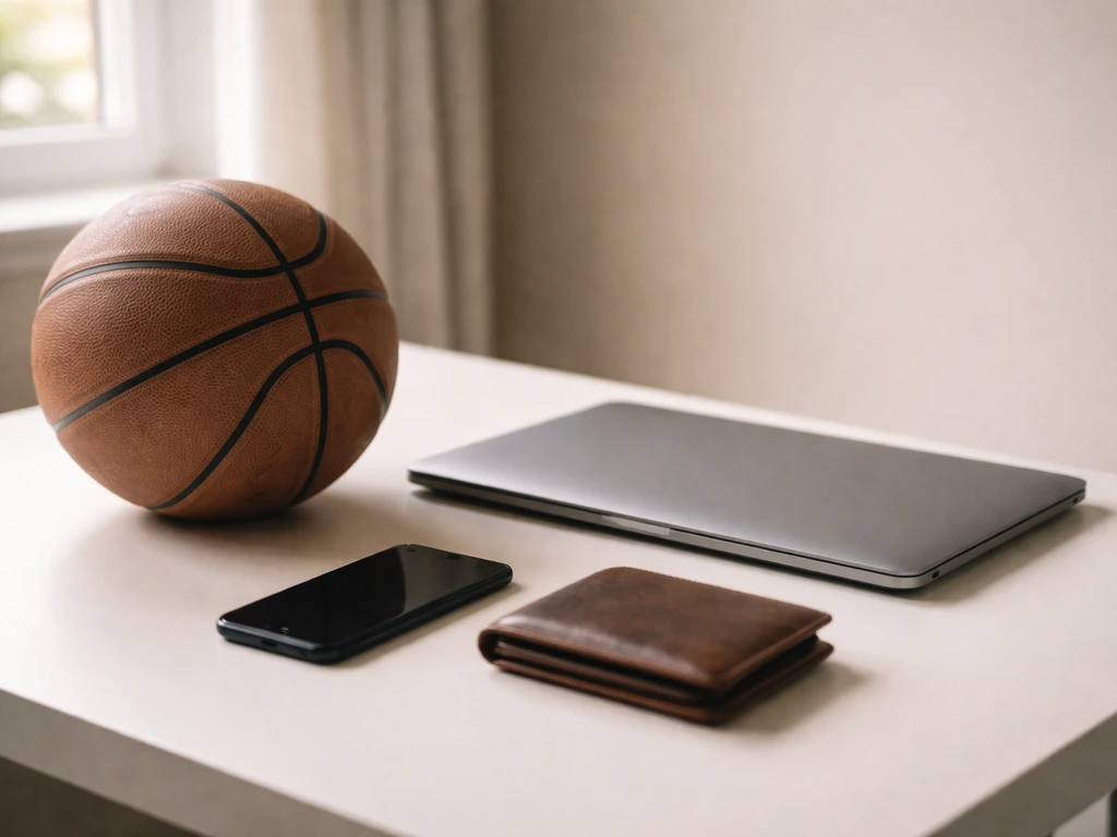 Basketball-themed net worth analysis scene with a basketball and finance items on a desk