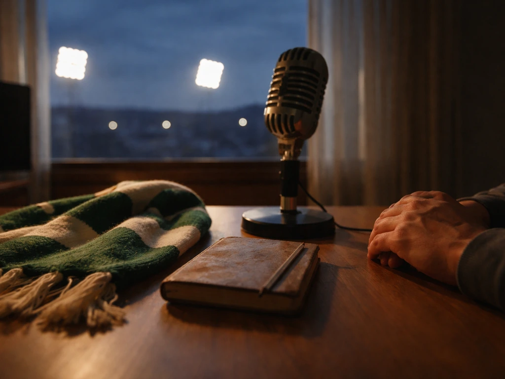 A vintage soccer-themed desk setup with a notebook, radio microphone, and stadium lights in the background
