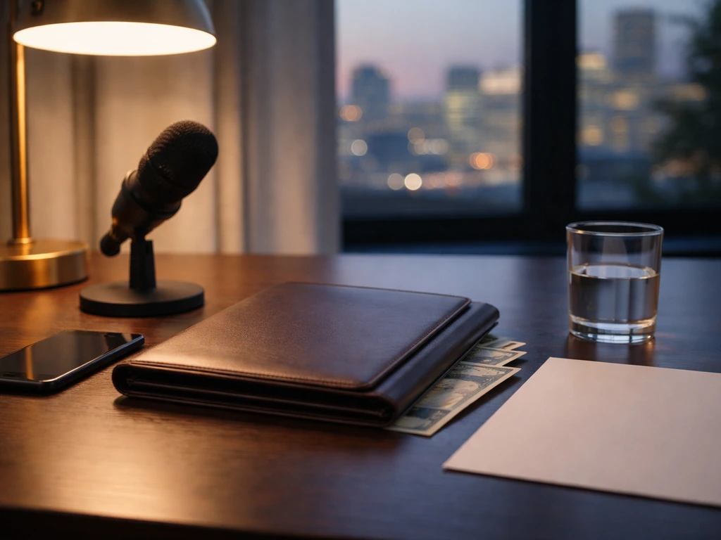Minimal luxury office desk with portfolio, smartphone, and microphone suggesting evidence-based financial analysis