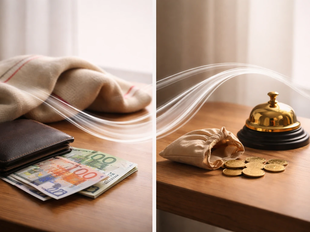 Minimal desk scene with euro money on the left and gold coins on the right, connected by clear “money flow” strands.