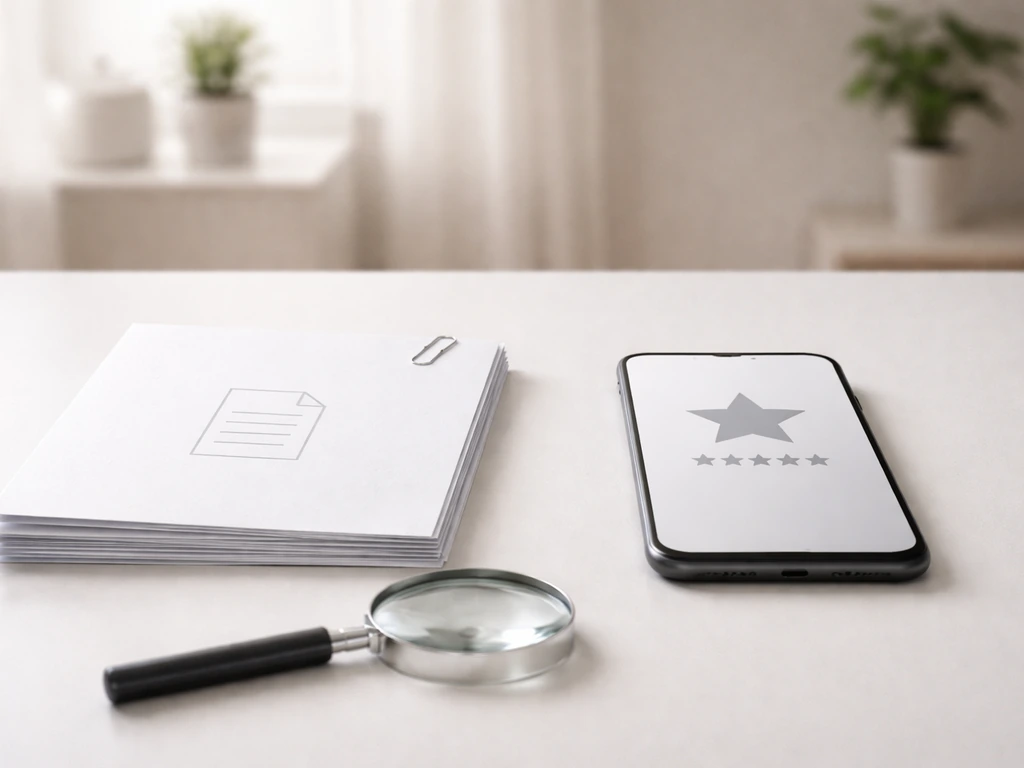 Minimal desk scene with printed documents and a smartphone showing verification icons for proof vs thin proof.