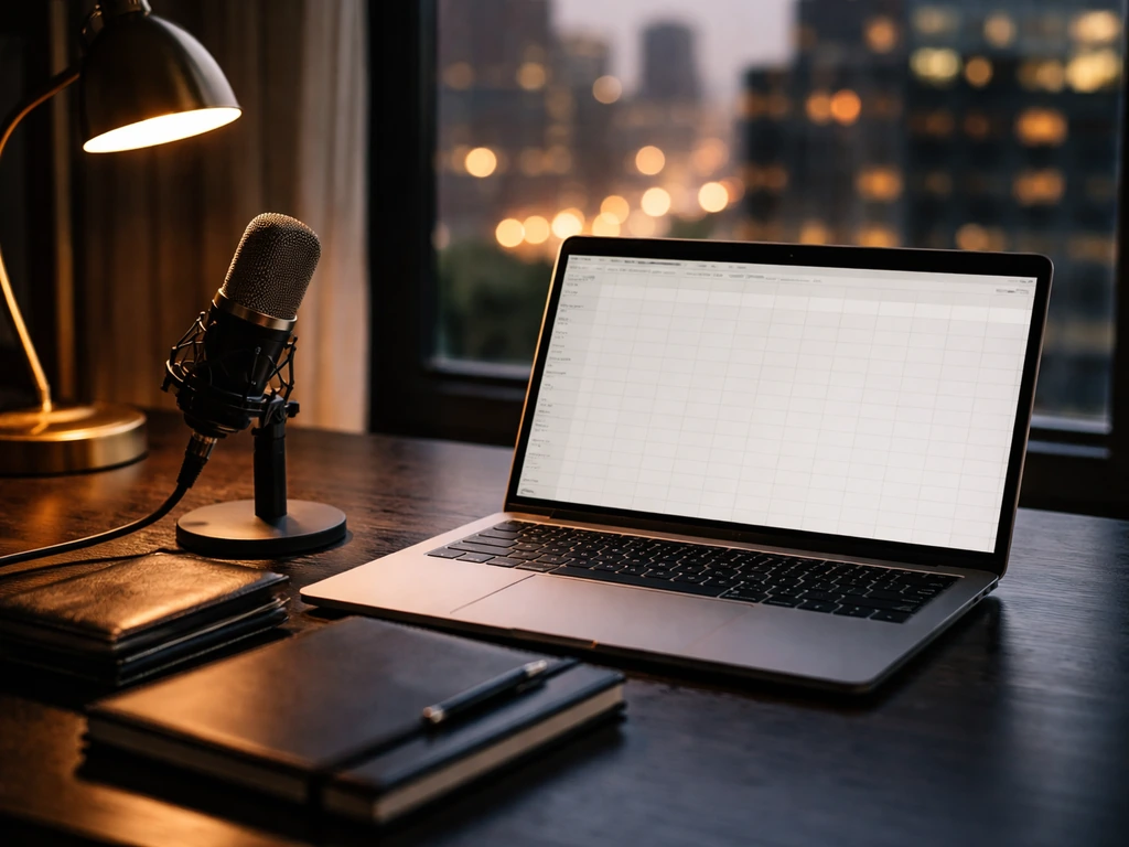 Dark desk scene with microphone and wallet beside a laptop, symbolizing music media and net worth analysis.