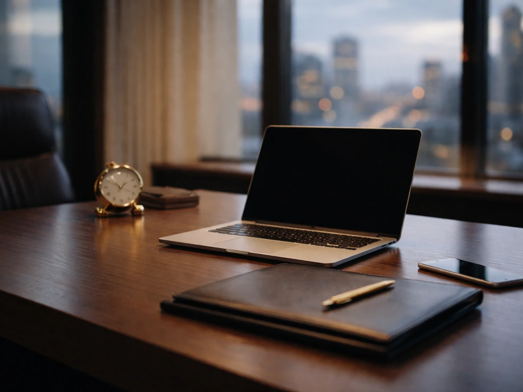 Minimal executive office desk with open laptop and city view, symbolizing business leadership and wealth.