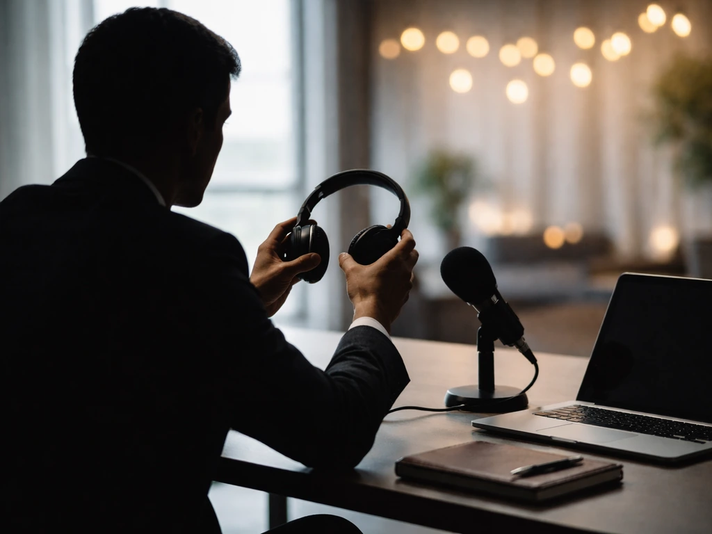 Anonymous business professional at a desk with a microphone in a modern office, hinting at media and events.