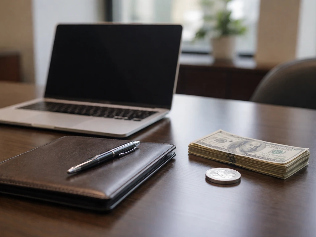 Minimal photo of a desk with a laptop, scattered cash-like bills, and a sleek pen symbolizing wealth building.
