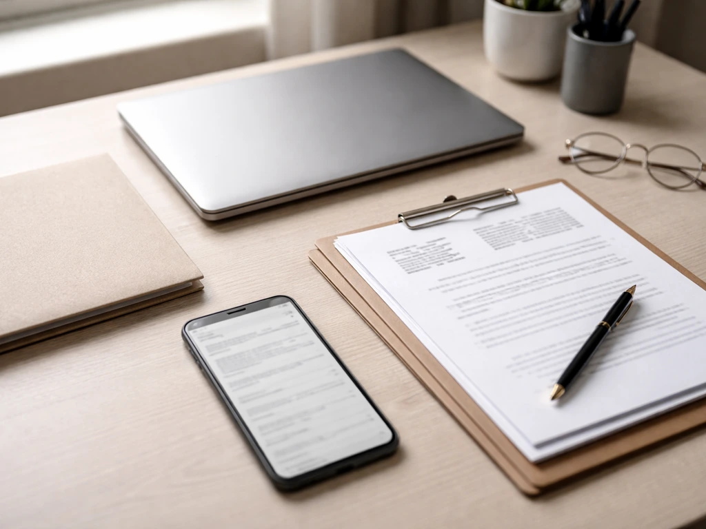 Minimal desk scene with laptop and documents suggesting verification of director shareholding and annual reports.