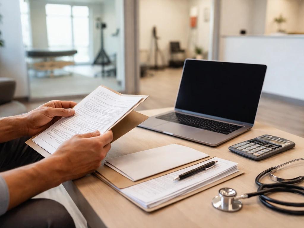 Hands reviewing clinic documents next to laptop and financial items in a quiet physical therapy office.