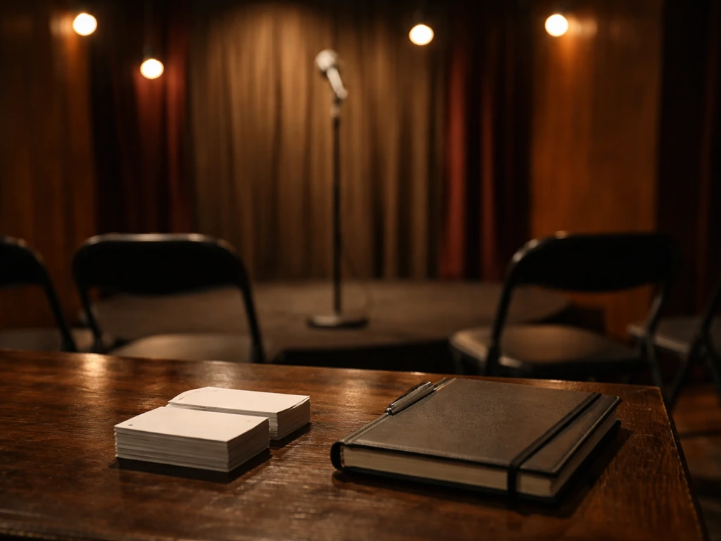 Empty comedy club stage with a vintage microphone and business items on a small table.