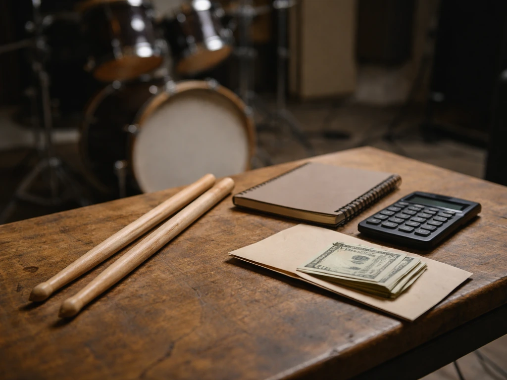 Minimal photo of a studio music scene beside cash and a calculator, symbolizing an estimated net worth range.