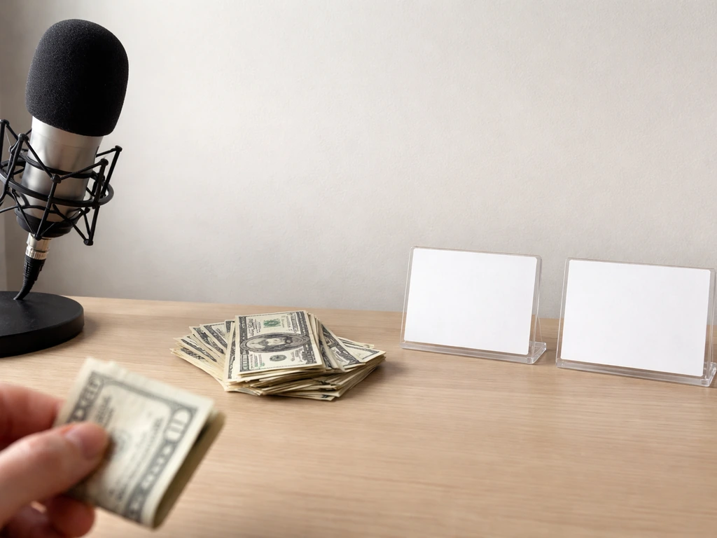 Minimal desk scene with microphone and money beside blank cards to symbolize conflicting net worth sources.