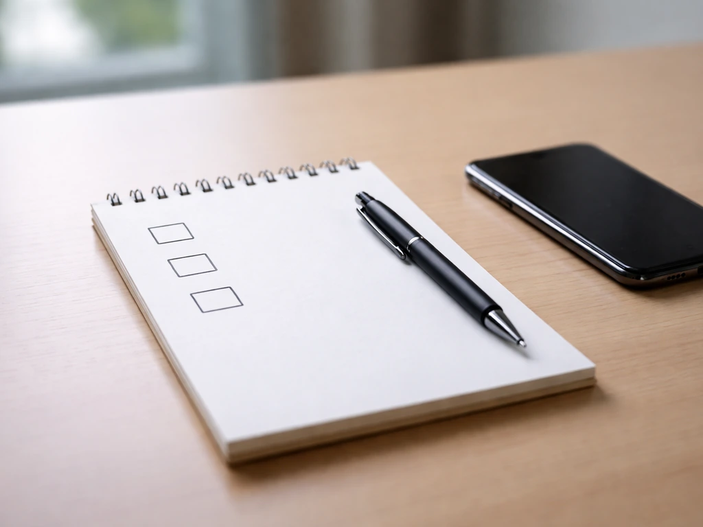 Minimal photo of an office desk with a blank checklist notepad and pen for verification review.