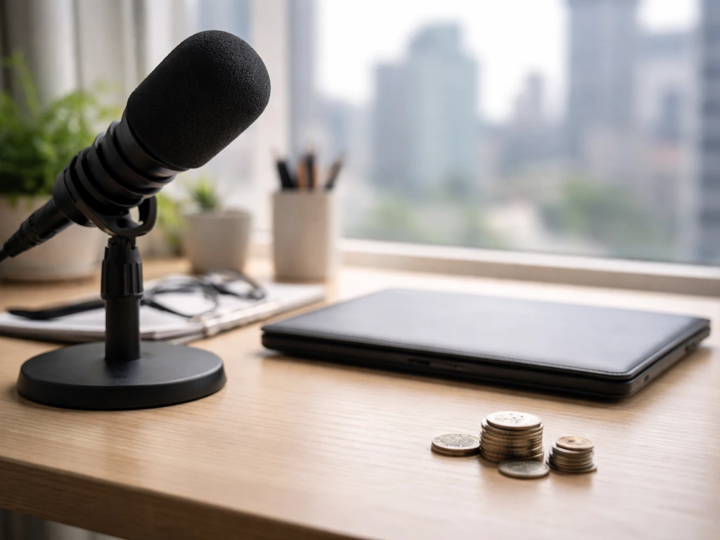 Minimal photo of a quiet office desk with money-themed items and a business microphone for net worth context