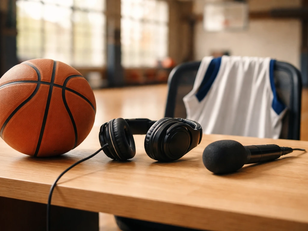 Basketball and podcast-style mic on a sports desk with a blurred gym background, no people shown.