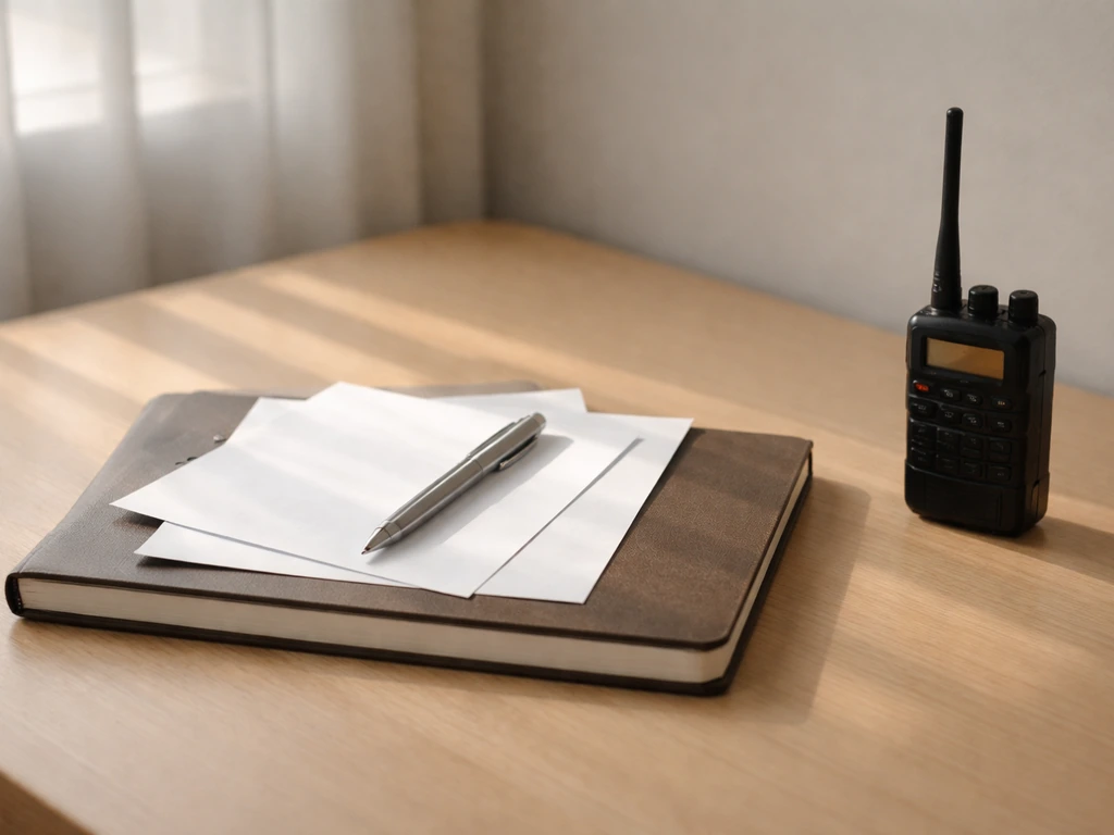 Minimal photo of a desk with scattered documents and a small radio, symbolizing triangulation and estimate building