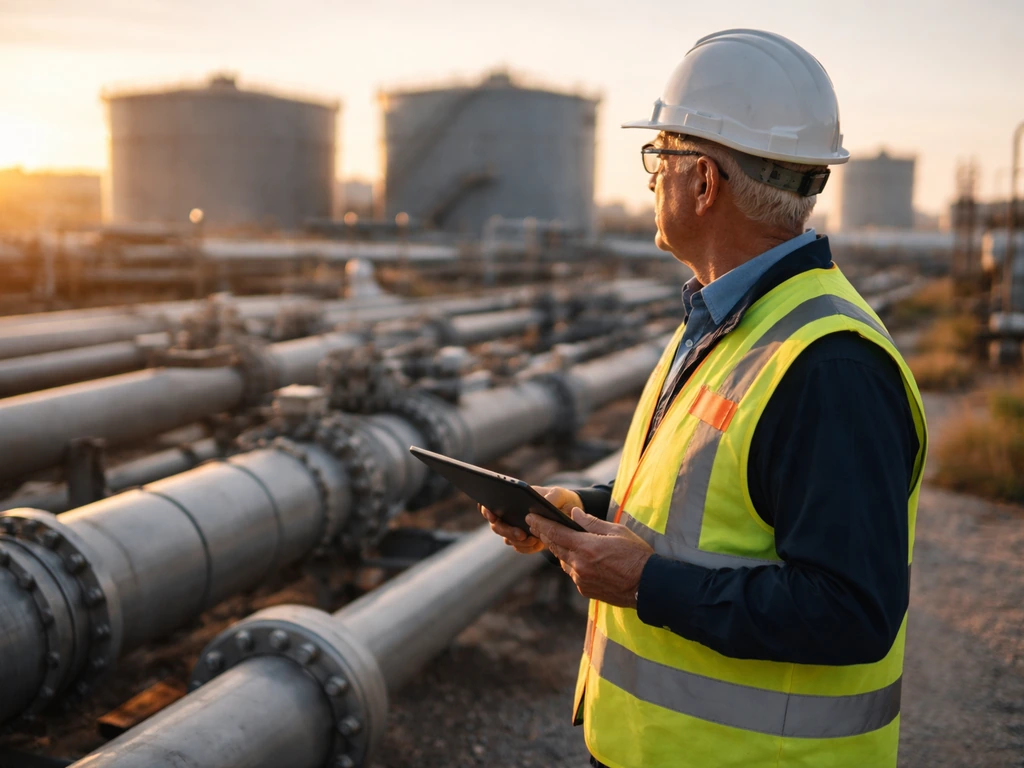 Energy-industry executive-like worker in a high-vis vest by pipelines, holding a clipboard at an industrial facility.