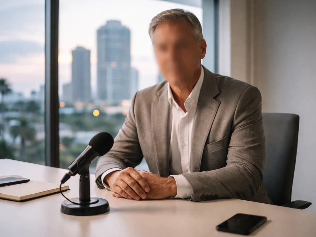 Anonymous executive in a modern office with a desk microphone and a blurred city view at dusk.