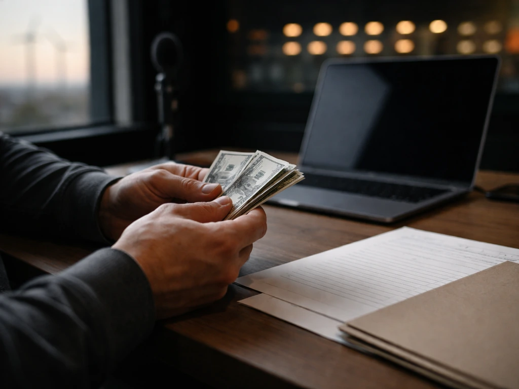 Anonymous hands hold cash near a laptop, with blurred wind turbines outside—suggesting unconfirmed net-worth estimation.