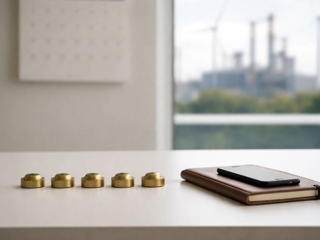 Minimal office desk with staged objects and a blurred industrial energy scene behind.