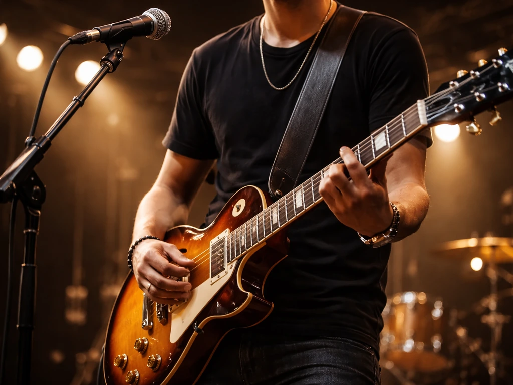 Anonymous guitarist performing under stage lights with a microphone stand, suggesting music success and earnings context