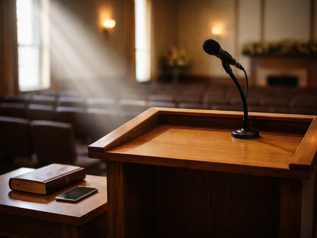 Empty church pulpit with microphone and warm light, symbolizing ministry leadership and financial analysis