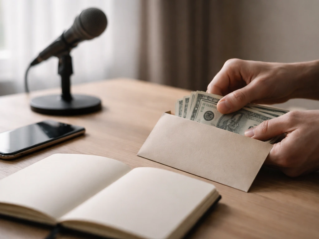 Minimal photo of a desk with scattered cash and a smartphone beside an open notebook, suggesting unverifiable net-worth