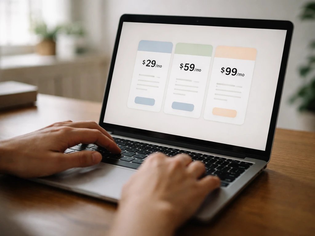Close-up of a laptop showing tiered online course subscription amounts in muted colors