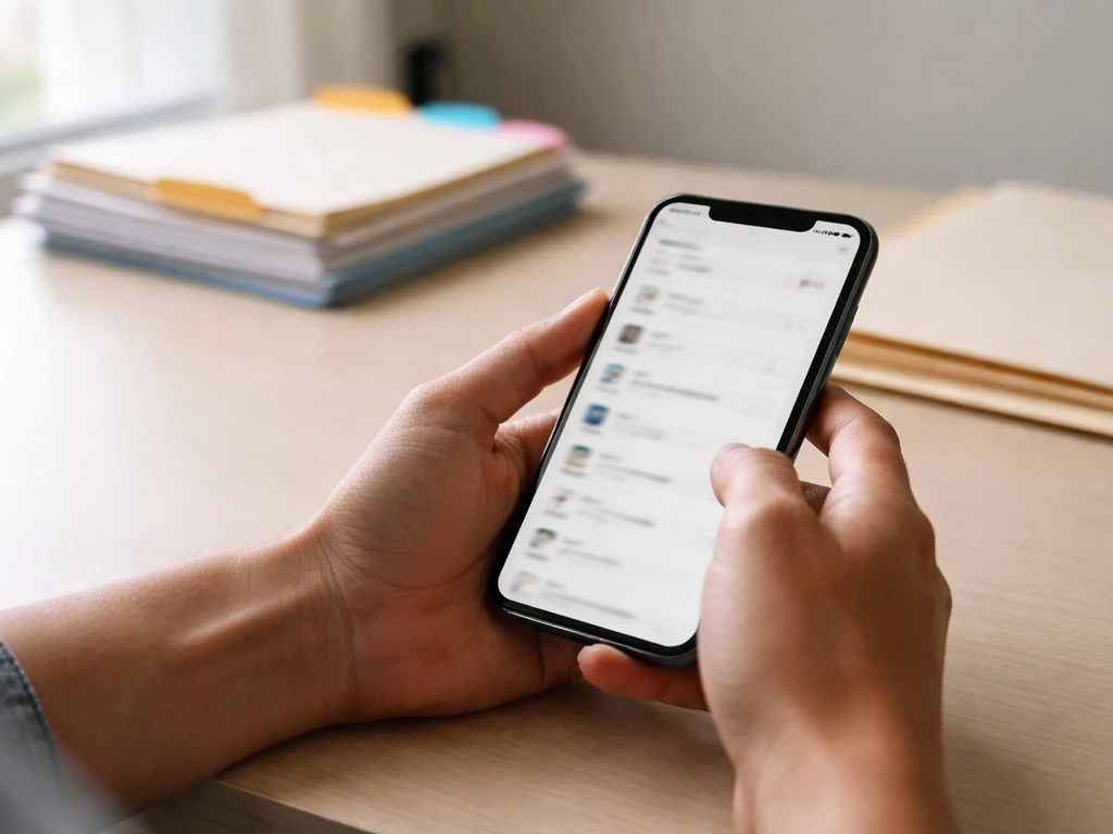 Hands using a smartphone on a desk with blurred nonprofit records, symbolizing verifying figures from IRS 990.