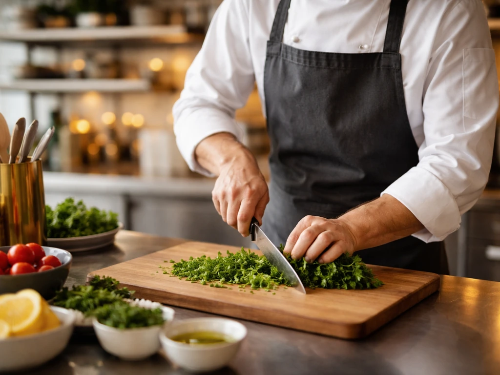 Minimal photo of an anonymous chef working in a modern restaurant kitchen with a gold-toned ingredient backdrop