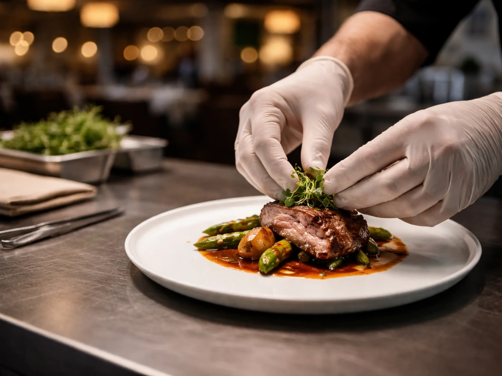 Chef plating in a quiet fine-dining kitchen pass, soft dining-room lights in the background